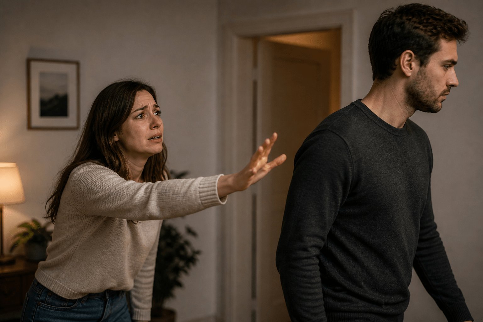 Pareja en un momento de tensión emocional, donde una persona intenta acercarse mientras la otra se aleja, reflejando miedo al abandono y angustia en el vínculo