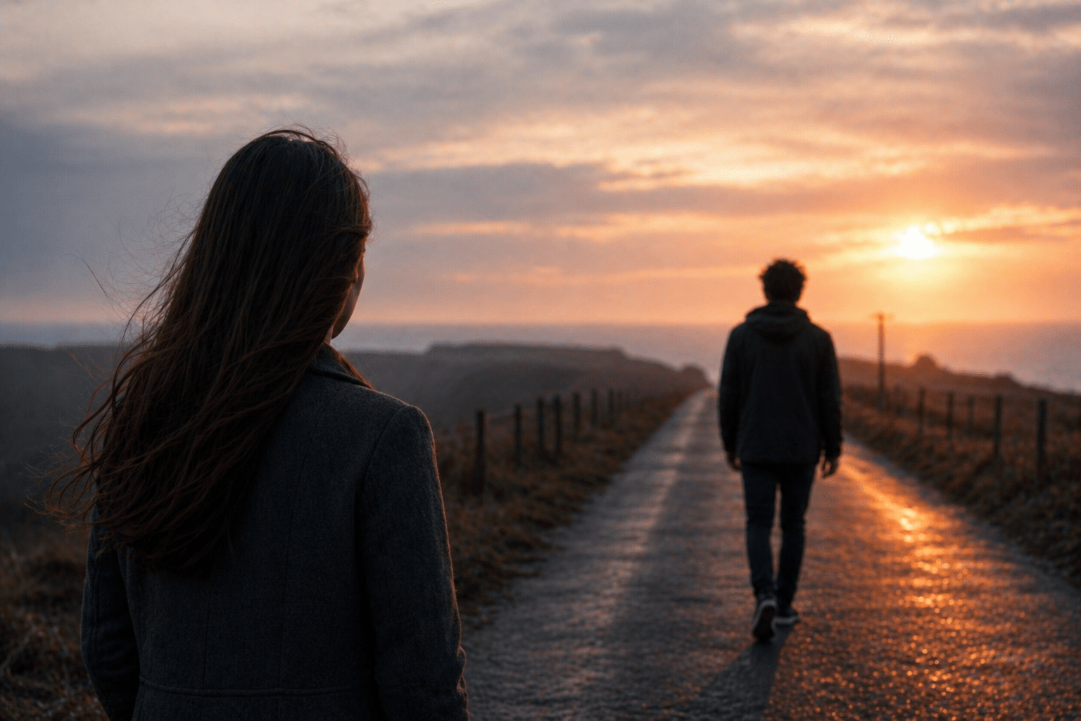 Escena al atardecer donde una persona observa a su ex pareja alejarse por un camino, reflejando distancia emocional, duelo amoroso y proceso de desapego en un entorno natural