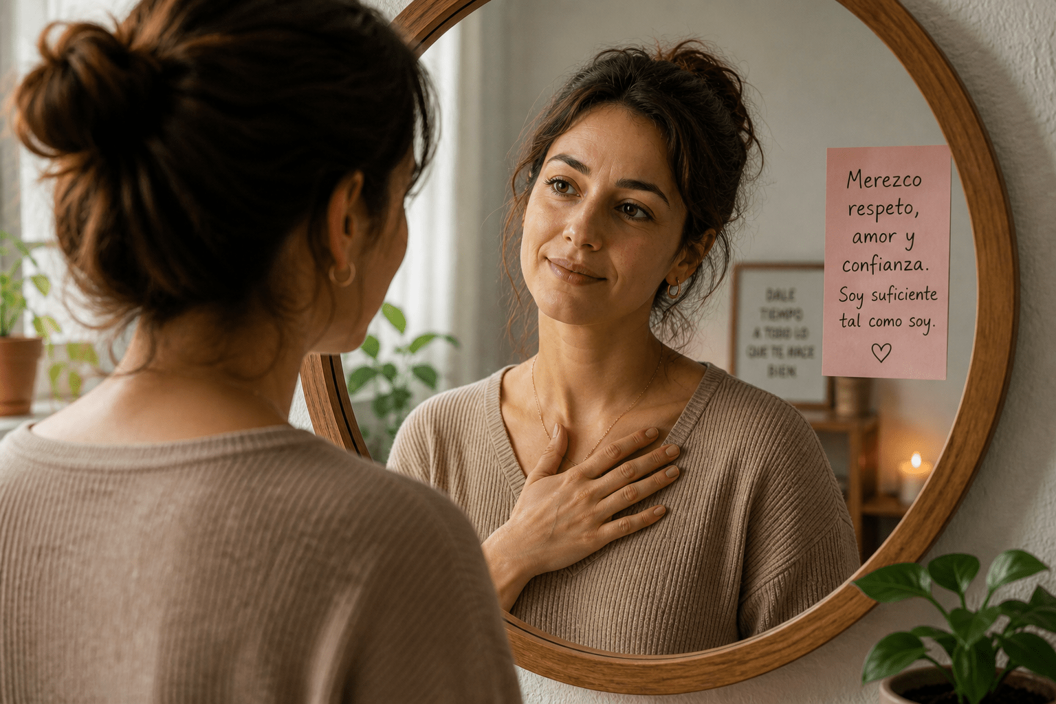 Persona mirándose al espejo con expresión serena y gesto de autoconexión, reflejando trabajo interno, aceptación y fortalecimiento de la autoestima en un entorno cálido y realista