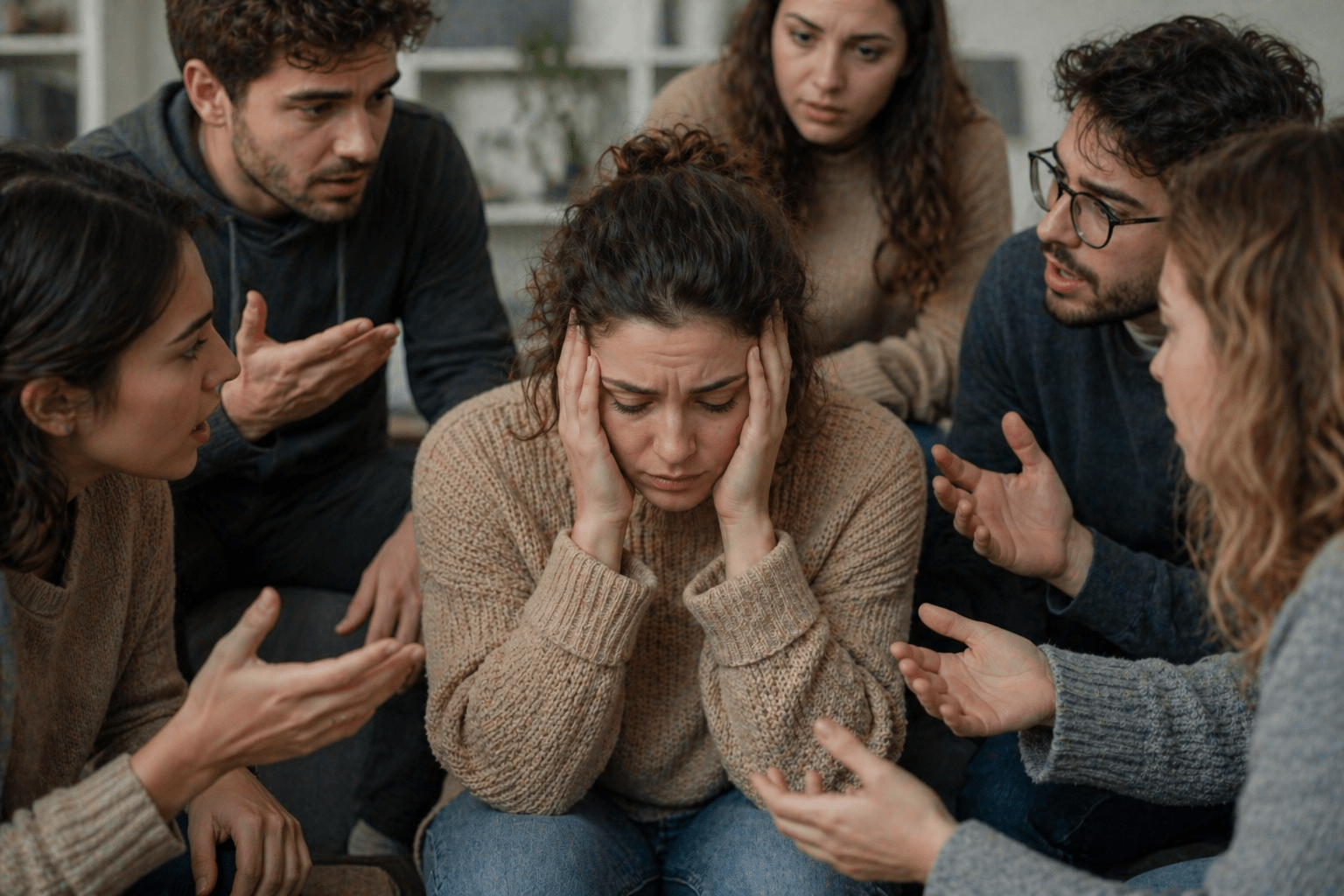 Persona en el centro rodeada de varias personas que le hablan al mismo tiempo, mostrando expresión de saturación emocional y sobrecarga, reflejando exceso de empatía y dificultad para poner límites
