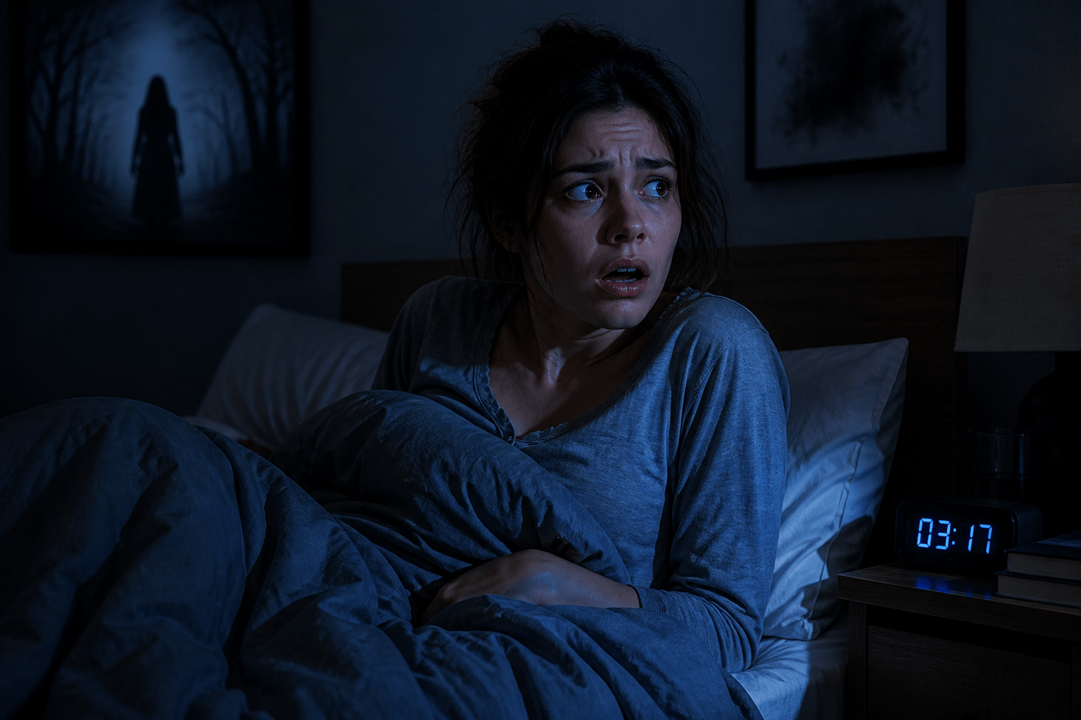 Persona despertando sobresaltada en la cama durante la noche, con expresión de miedo y tensión, reflejando una pesadilla intensa en un ambiente oscuro y silencioso