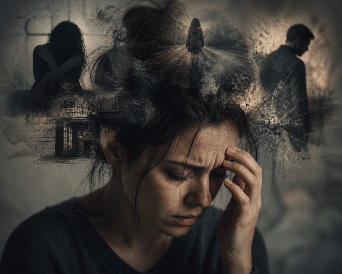 Rostro de una persona con expresión de angustia con superposición de escenas difusas y recuerdos, simbolizando recuerdos intrusivos y carga emocional persistente