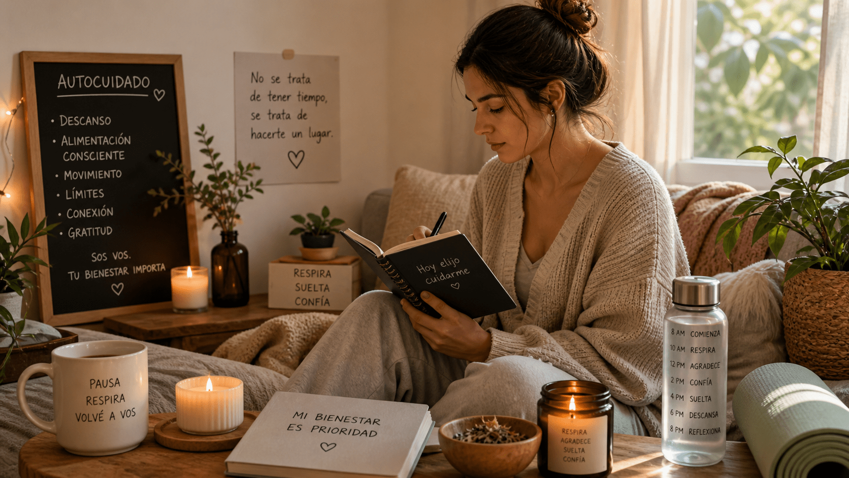 Persona en su casa realizando una rutina de autocuidado, escribiendo en un cuaderno en un ambiente cálido con velas y plantas, transmitiendo calma, introspección y bienestar emocional