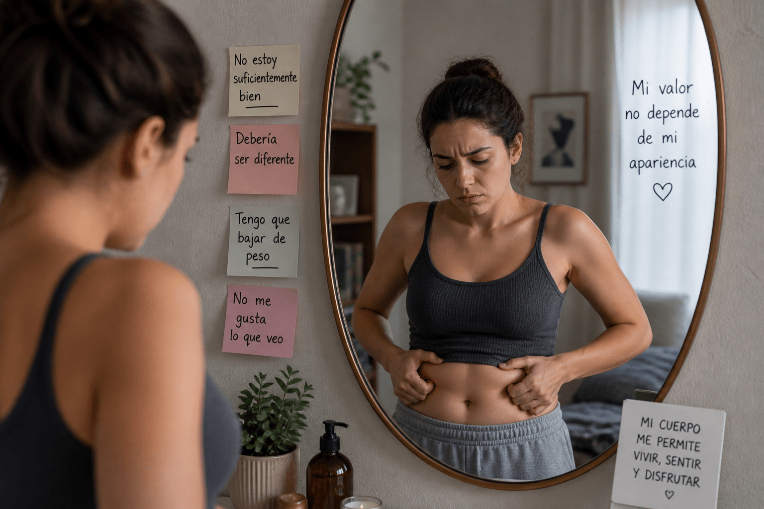 Persona mirándose al espejo con gesto crítico hacia su cuerpo, reflejando conflicto interno, autoexigencia y una relación negativa con su imagen corporal