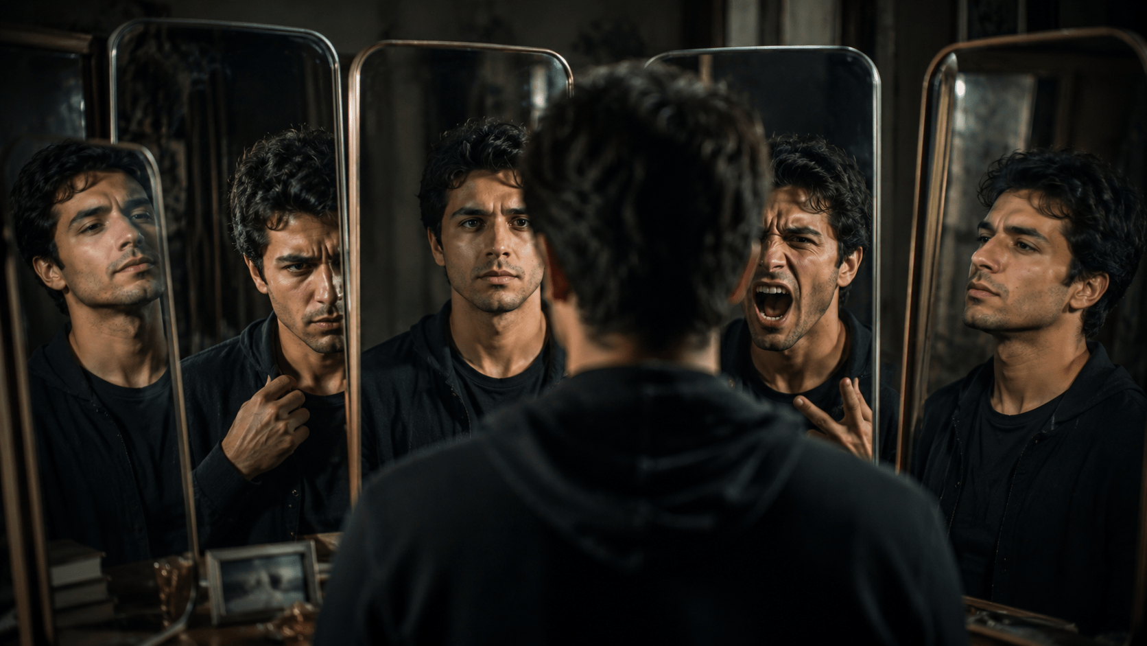 Hombre latino observando distintos reflejos de sí mismo mientras enfrenta conflictos internos relacionados con el ego, la identidad y la necesidad de validación emocional.