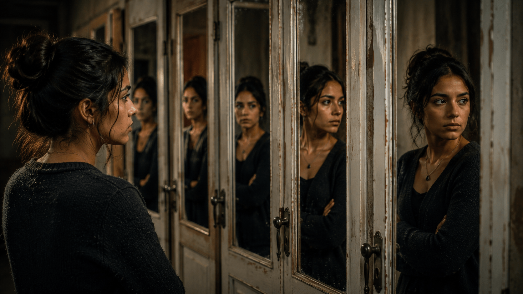Mujer latina observando múltiples reflejos de sí misma mientras enfrenta patrones repetitivos y procesos de transformación emocional, en un ambiente introspectivo y simbólico.