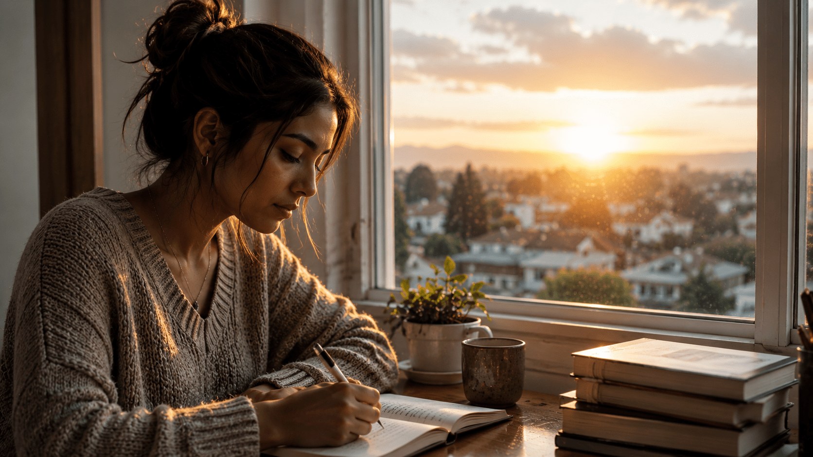 Joven latina escribiendo en un cuaderno mientras atraviesa un proceso emocional de introspección, crecimiento personal y aceptación interna, en un ambiente cálido y esperanzador.