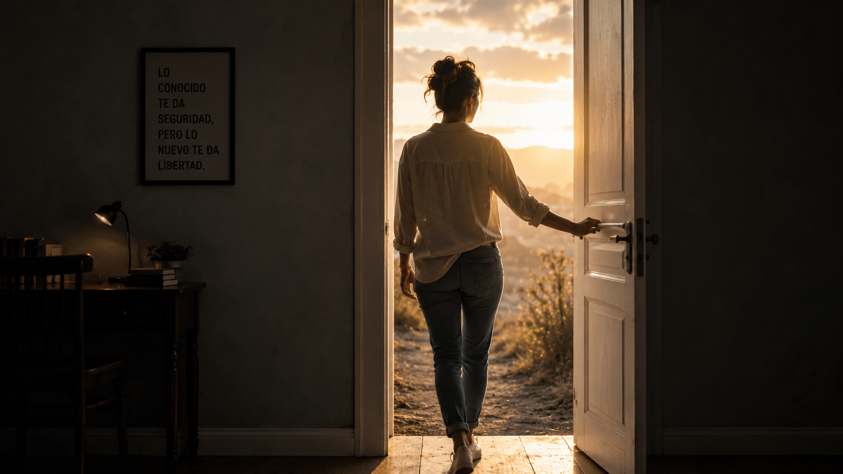 Mujer latina atravesando una puerta iluminada mientras deja atrás una etapa conocida de su vida, simbolizando crecimiento personal, valentía emocional y salida de la zona de confort.