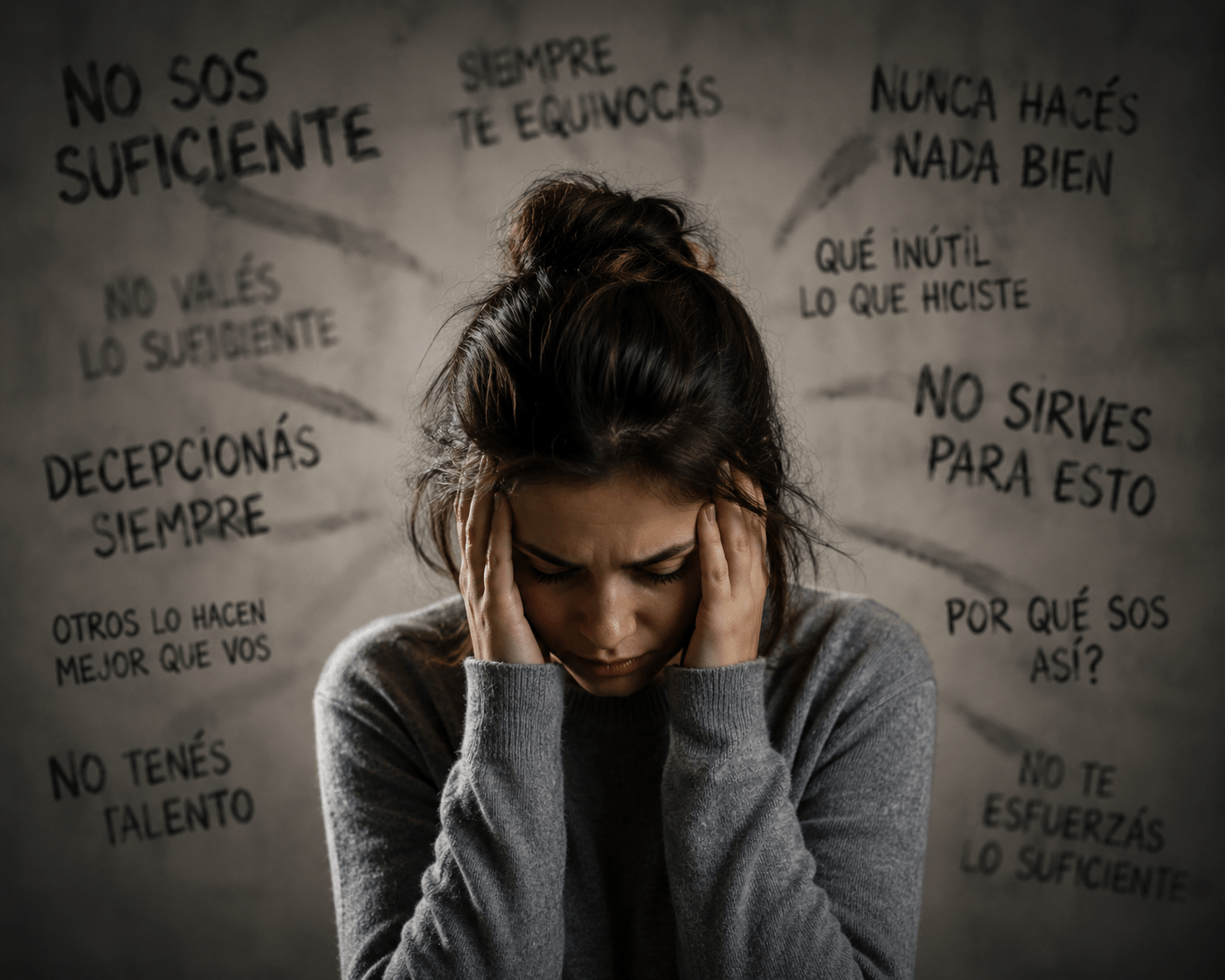 Persona emocionalmente afectada rodeada de palabras críticas difusas, simbolizando sensibilidad a la crítica, inseguridad y heridas emocionales relacionadas con la validación