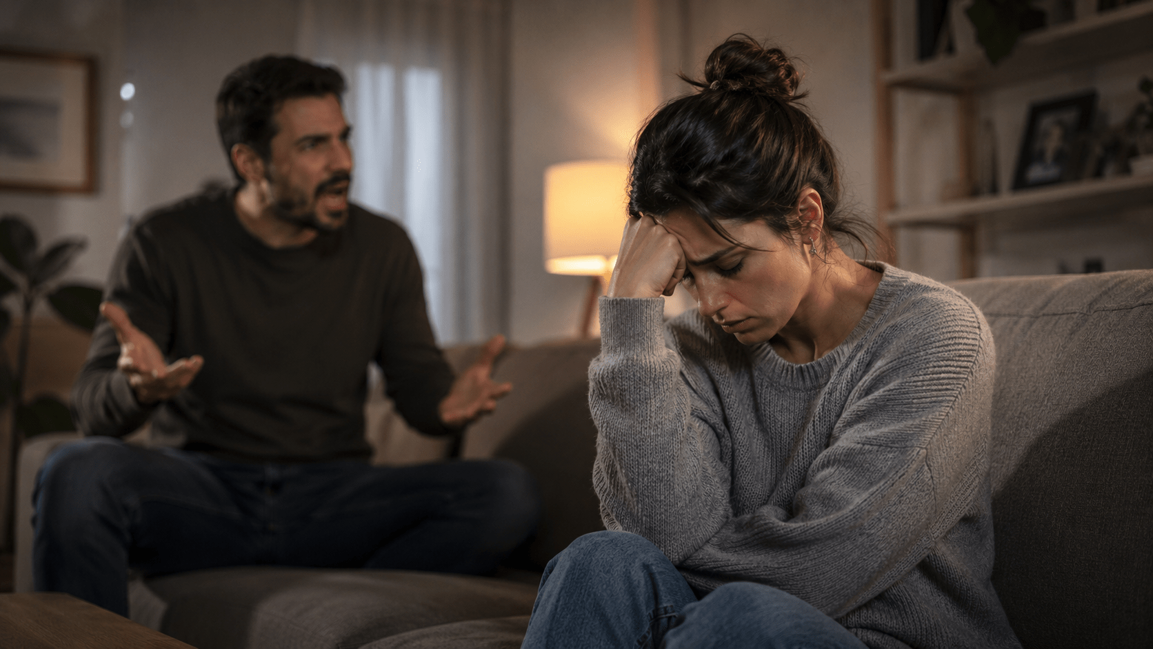 Pareja discutiendo mientras una persona aparece emocionalmente agotada y triste, simbolizando vínculos dañinos, desgaste emocional y límites afectivos
