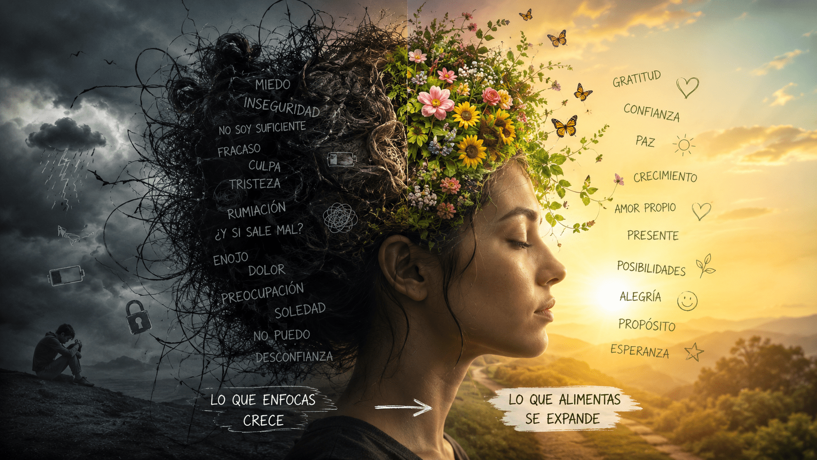 Imagen simbólica de una mente dividida entre pensamientos oscuros y crecimiento emocional, representando cómo la atención mental alimenta aquello en lo que una persona se enfoca