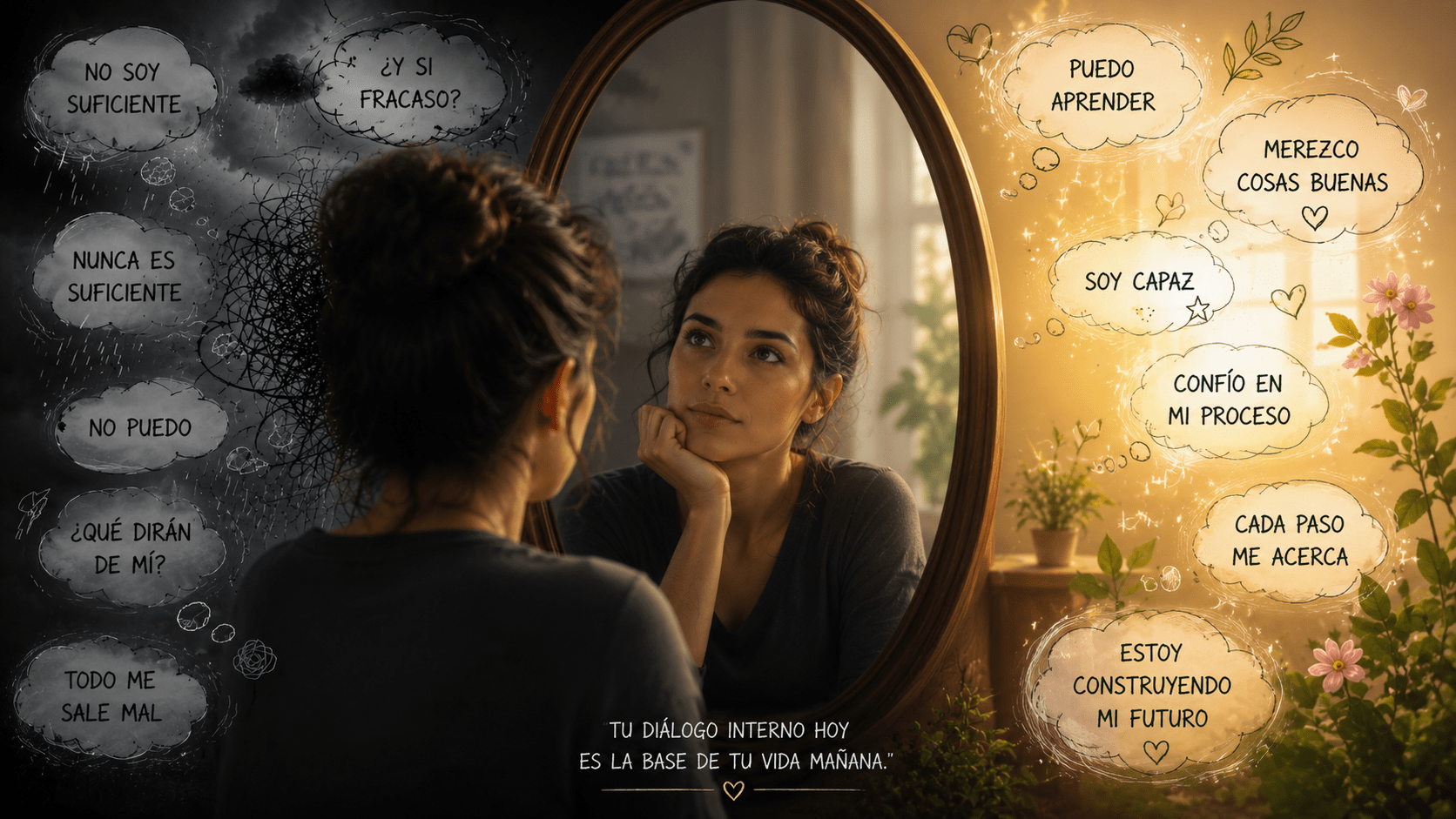 Persona observando su reflejo mientras aparecen pensamientos positivos y negativos alrededor, simbolizando cómo el diálogo interno influye en las decisiones y el futuro
