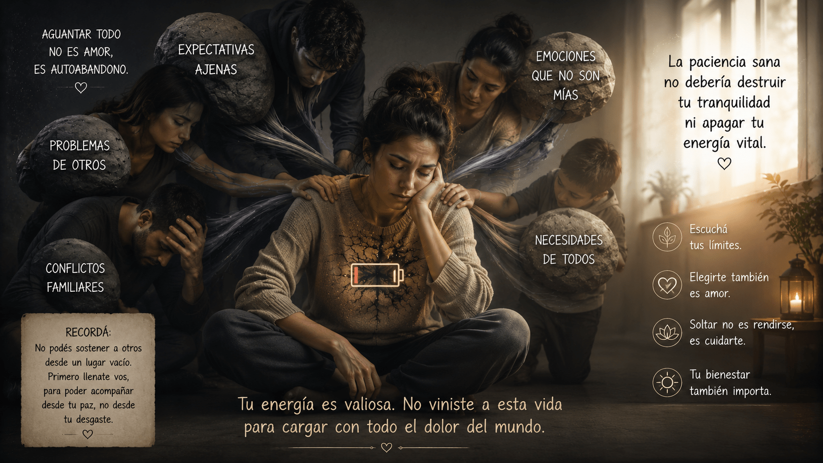 Persona emocionalmente agotada sosteniendo las cargas y problemas de otros, simbolizando el desgaste de confundir paciencia con soportar y cargar demasiado