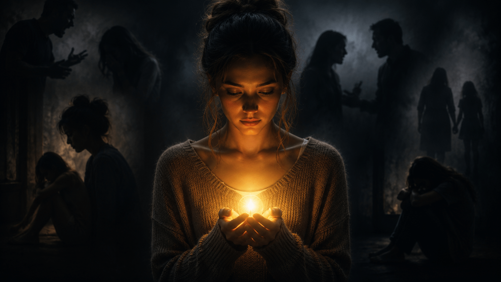 Persona sosteniendo una pequeña luz en medio de sombras emocionales y recuerdos dolorosos, simbolizando la decisión consciente de no repetir el daño vivido