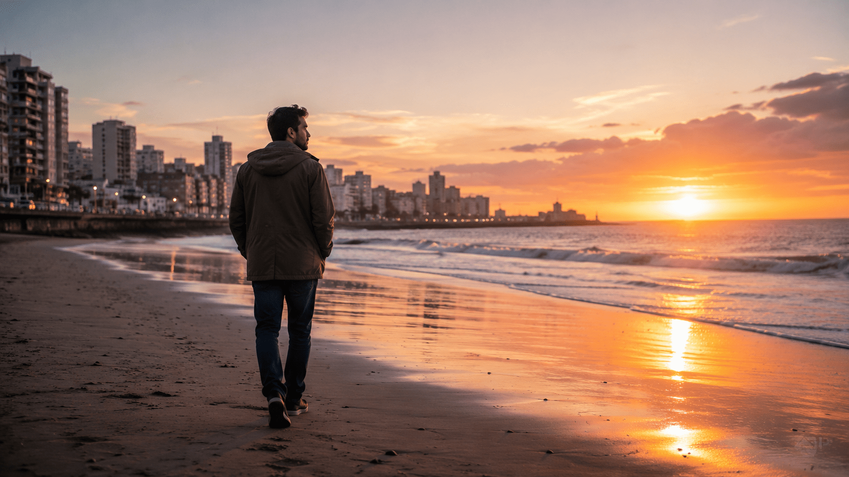Hombre latino caminando solo por la costa al amanecer en Mar del Plata, con expresión reflexiva y serena mientras observa el horizonte. La escena transmite sostén emocional, introspección y esperanza en medio del dolor. Fotografía realista estilo cinematográfico en formato horizontal 16:9.