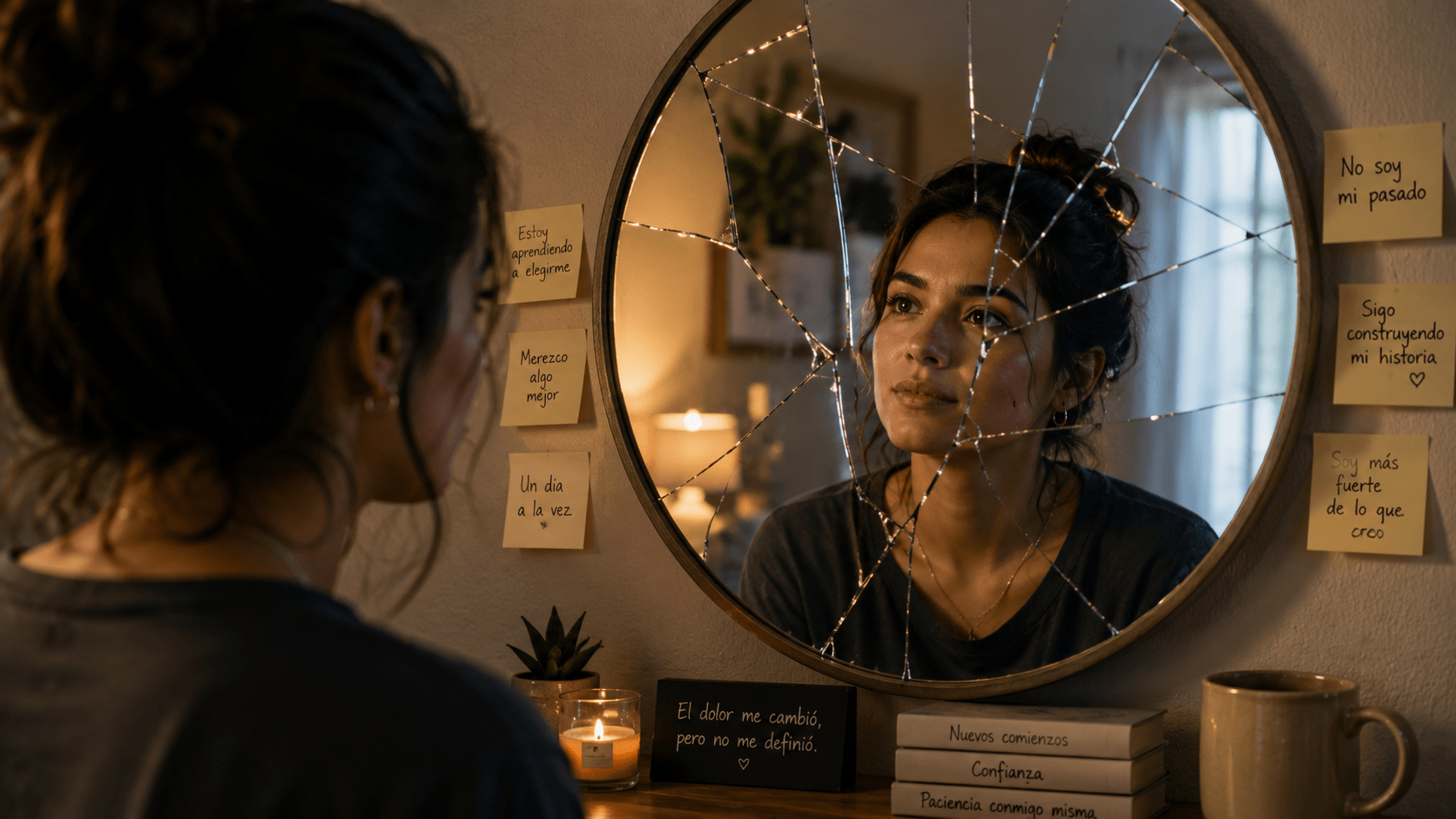 Persona latina observando su reflejo en un espejo roto que comienza a reconstruirse simbólicamente, transmitiendo introspección, resiliencia emocional y transformación personal luego de una crisis profunda. Escena íntima, cálida y realista en formato horizontal 16:9.