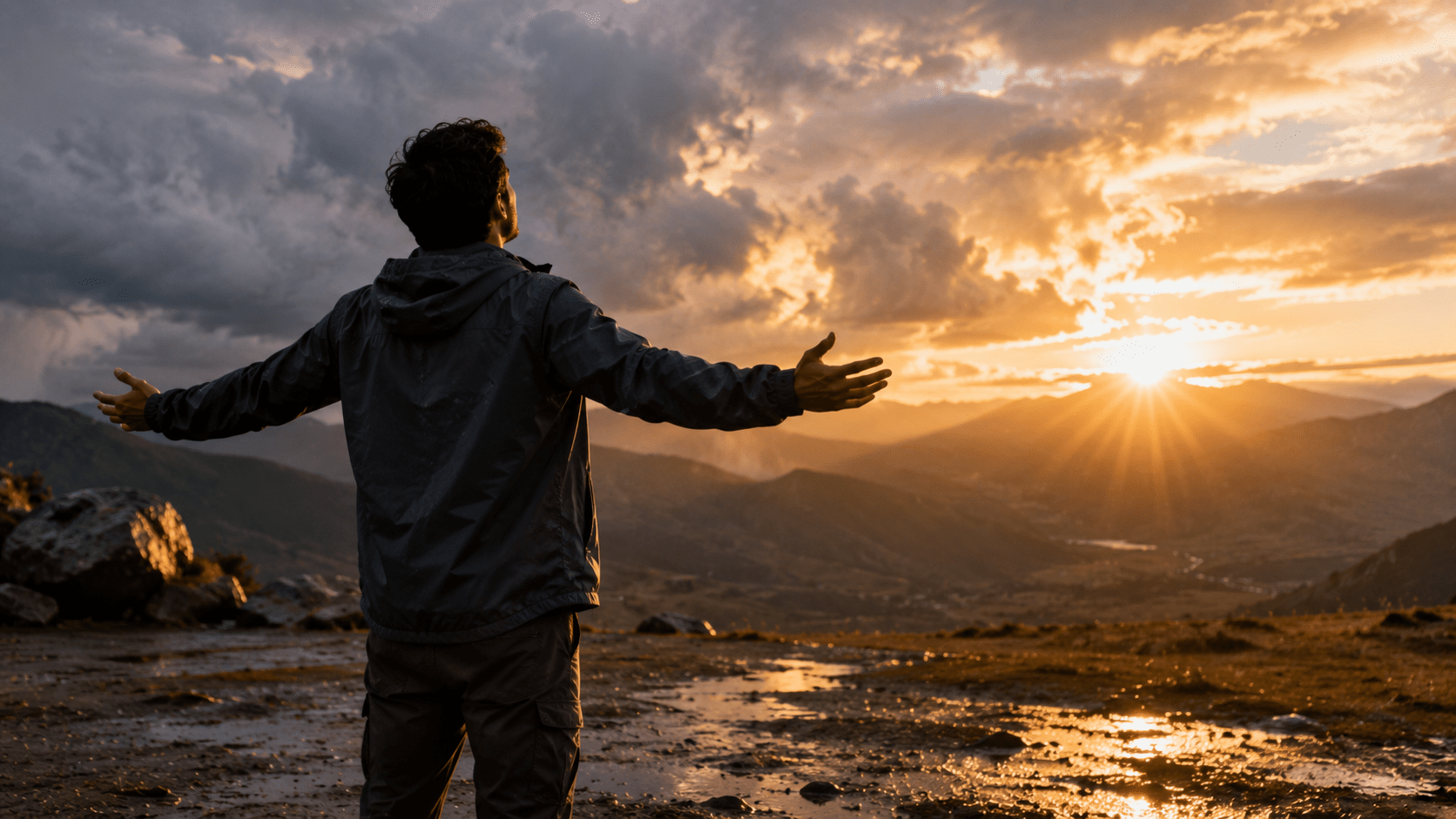 Hombre latino de pie frente a un paisaje montañoso después de una tormenta, respirando profundamente mientras vuelve a salir el sol entre las nubes. La escena transmite resiliencia, fortaleza interior y recursos emocionales descubiertos en medio de las dificultades. Fotografía realista en formato horizontal 16:9.