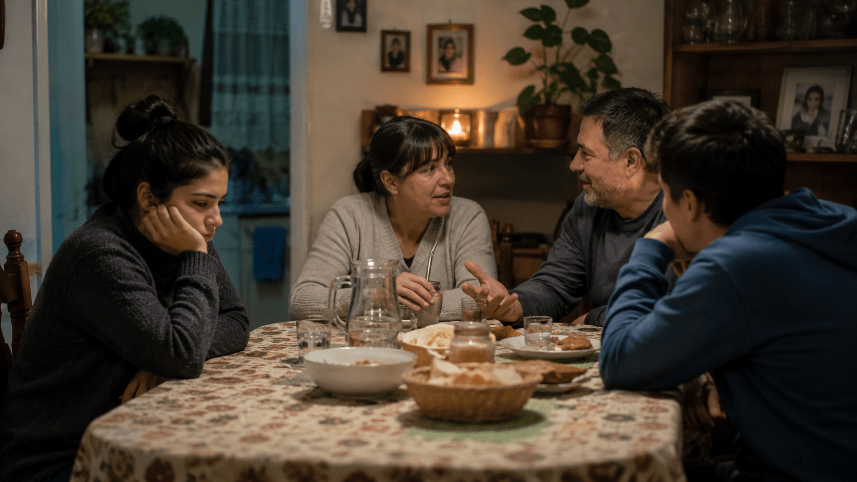 Una persona aislada emocionalmente durante una comida familiar en un hogar argentino, mientras los demás conversan entre sí. La escena representa el desgaste emocional y el impacto de la queja constante sobre los vínculos. Fotografía realista en formato horizontal 16:9.