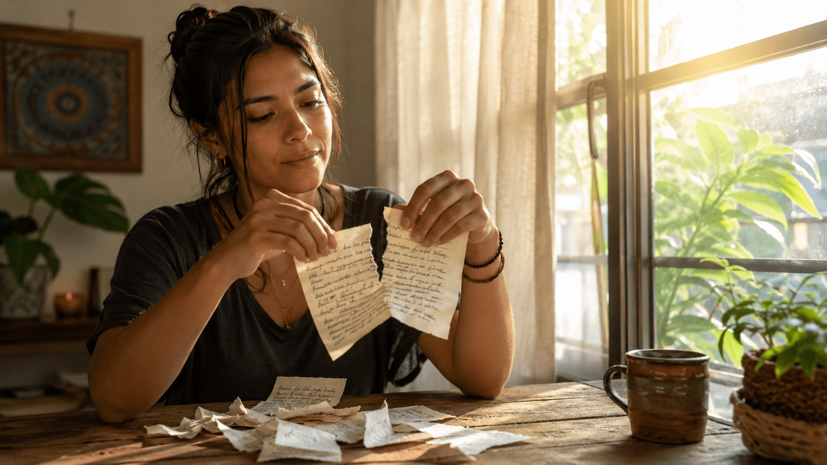 Mujer latinoamericana rompiendo hojas escritas a mano frente a una ventana iluminada por luz natural, en un ambiente cálido y reflexivo, simbolizando transformación emocional y aprendizaje después del dolor.