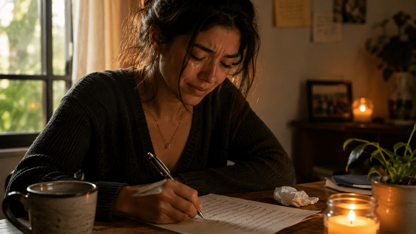 Persona latina escribiendo una carta emocional mientras llora suavemente en un ambiente cálido e íntimo, iluminado por luz natural y velas, simbolizando liberación emocional, vulnerabilidad y proceso de sanación interior.
