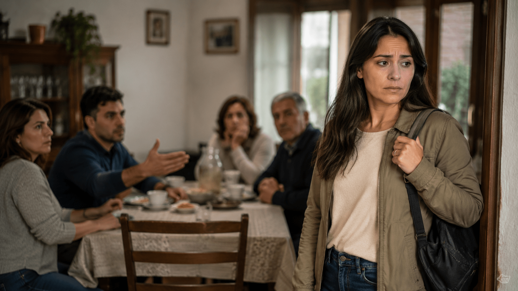 Persona alejándose de una reunión familiar tensa, mientras comienza a recuperar su paz emocional y sus límites internos.