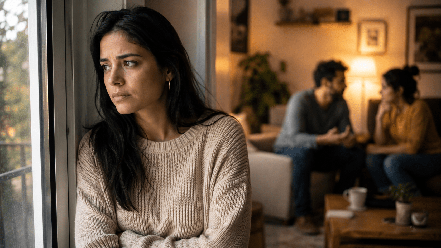 Mujer latina observando con angustia silenciosa mientras enfrenta pensamientos de inseguridad y celos dentro de una relación afectiva, en un ambiente cálido y emocionalmente introspectivo.