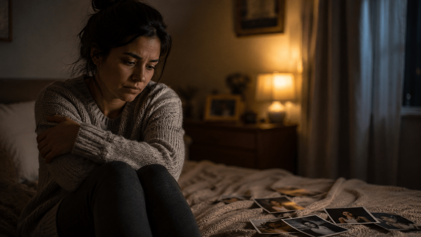 Mujer latina adulta atravesando las secuelas emocionales del maltrato infantil, en un momento de introspección y vulnerabilidad emocional dentro de un ambiente cálido y melancólico.
