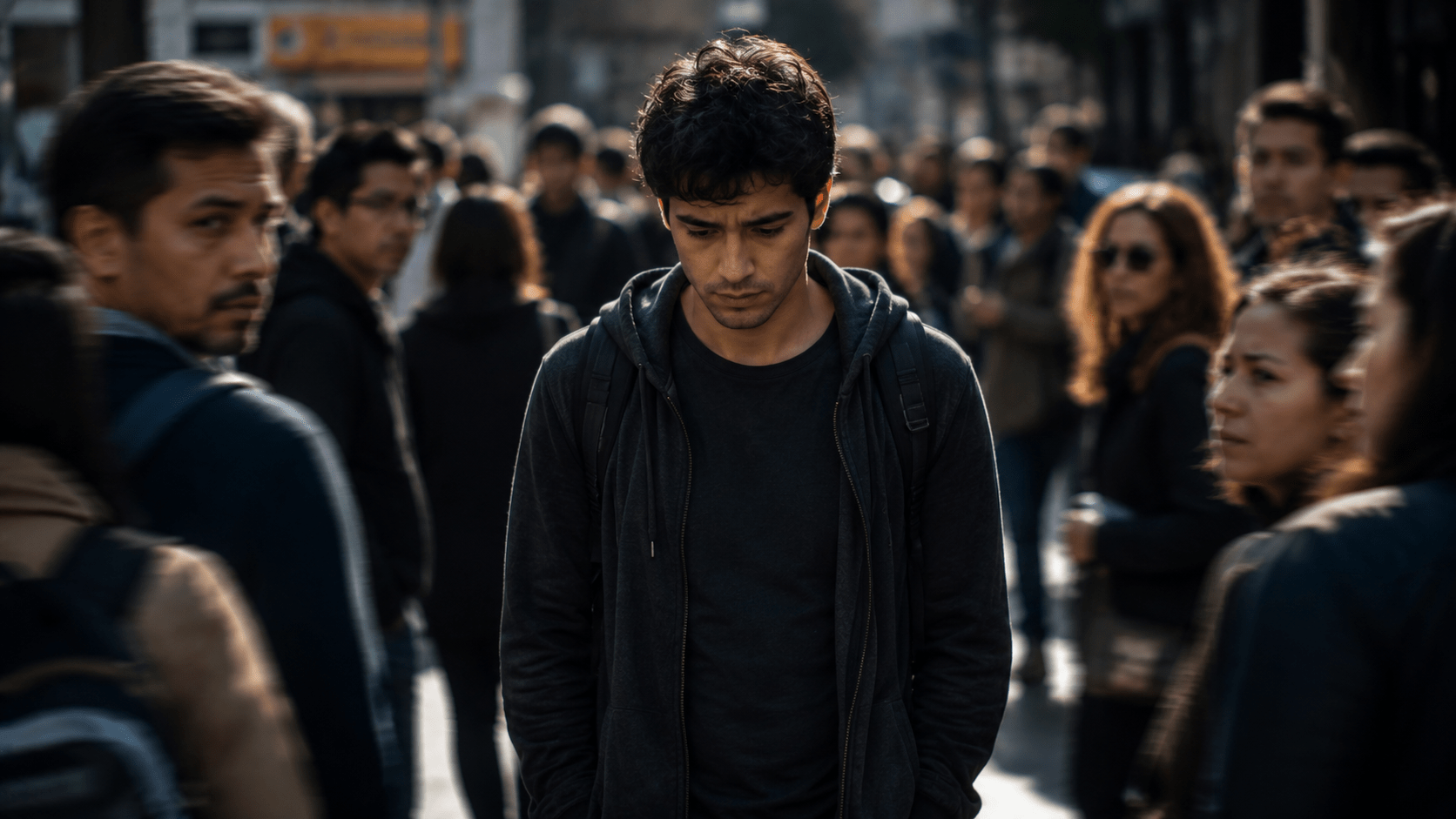 Hombre latino caminando entre una multitud mientras experimenta ansiedad y presión emocional por el juicio ajeno, en una escena urbana introspectiva y realista.