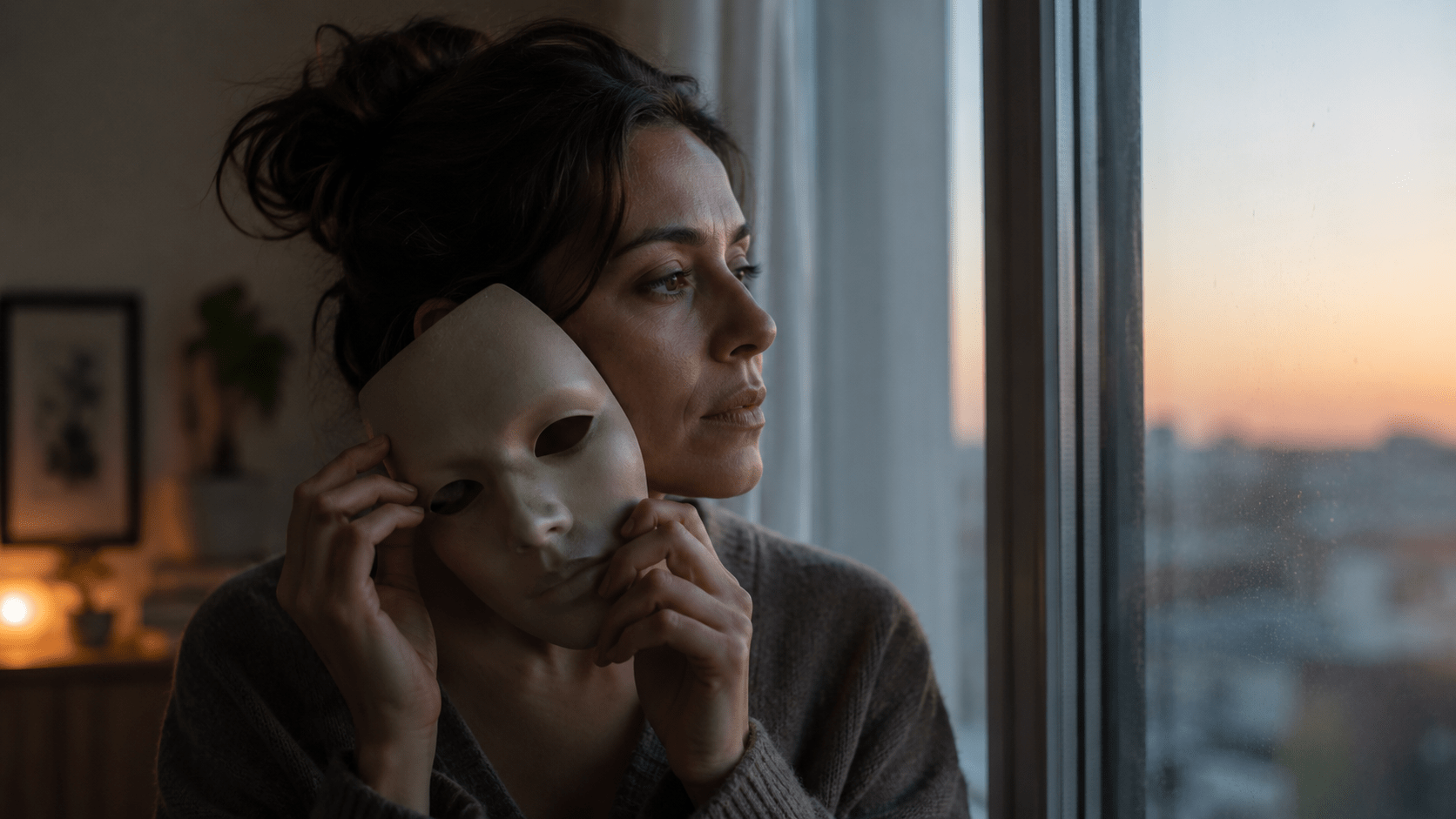persona quitándose una máscara frente a una ventana, representando el conflicto entre rol e identidad, vulnerabilidad emocional y reconstrucción personal