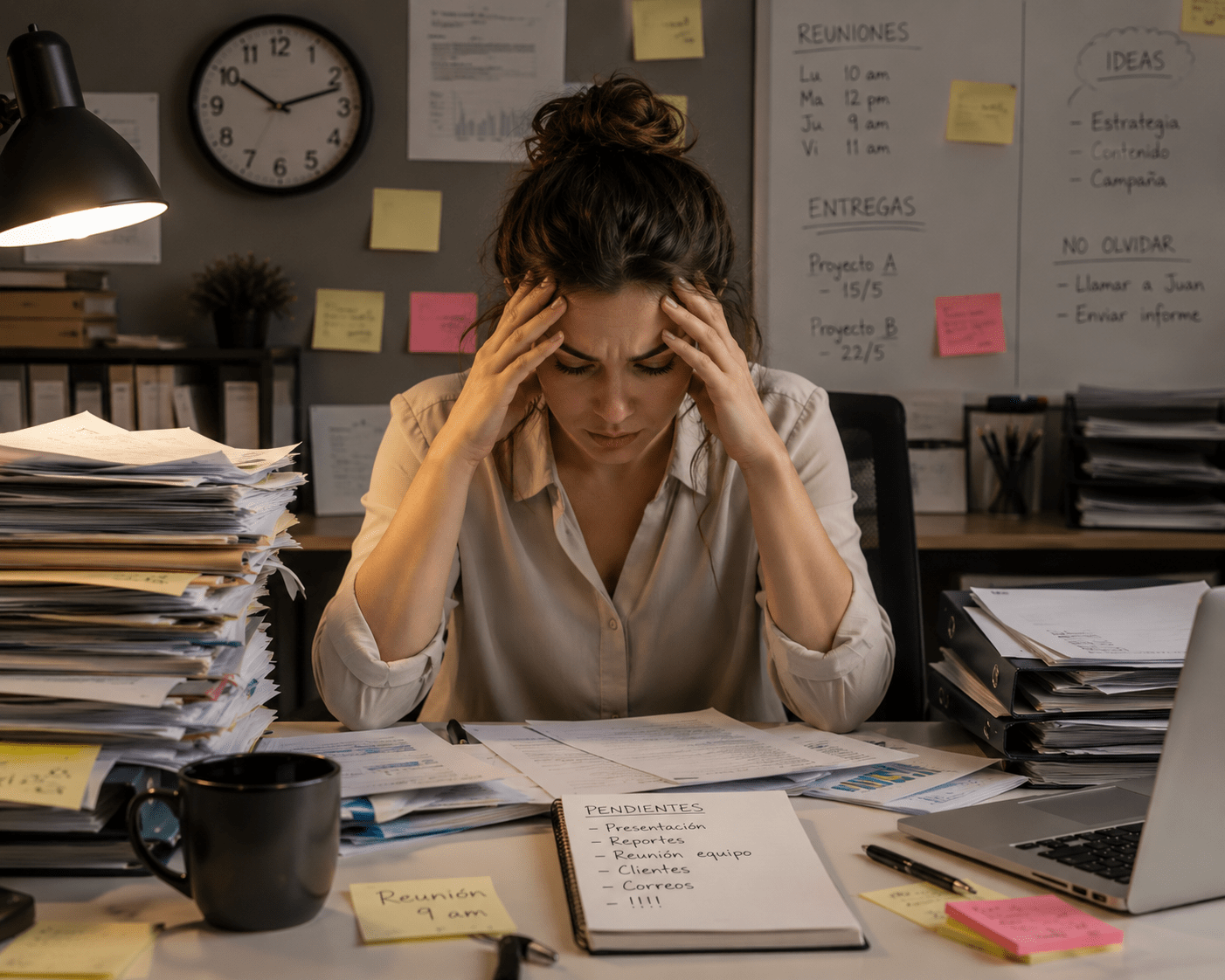 Persona sentada en una oficina sosteniéndose la cabeza rodeada de papeles y trabajo acumulado, reflejando estrés laboral, agotamiento mental y sobrecarga emocional