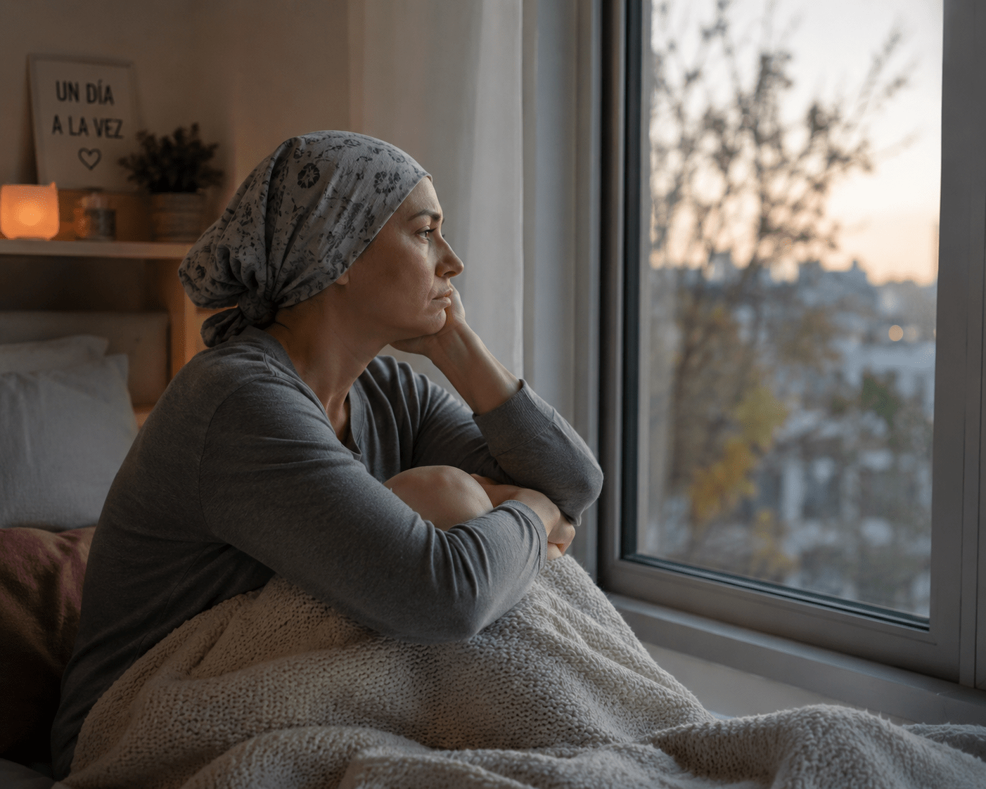 Persona sentada en una cama mirando por la ventana con expresión reflexiva y emocional, simbolizando el proceso interno de afrontar una enfermedad y sostenerse emocionalmente