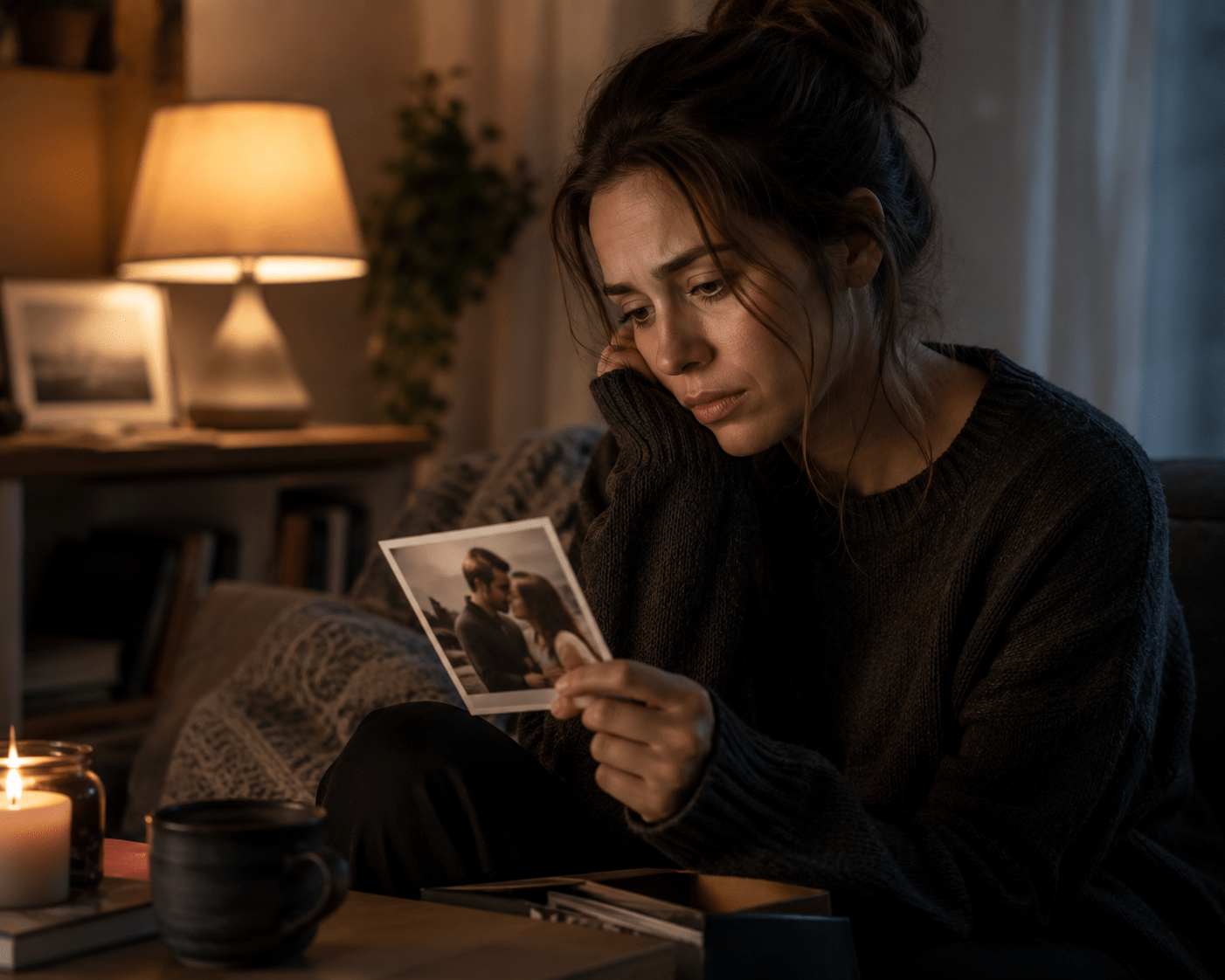 Persona observando una fotografía de una relación pasada con expresión de tristeza y desconexión emocional, reflejando el duelo afectivo después de una ruptura