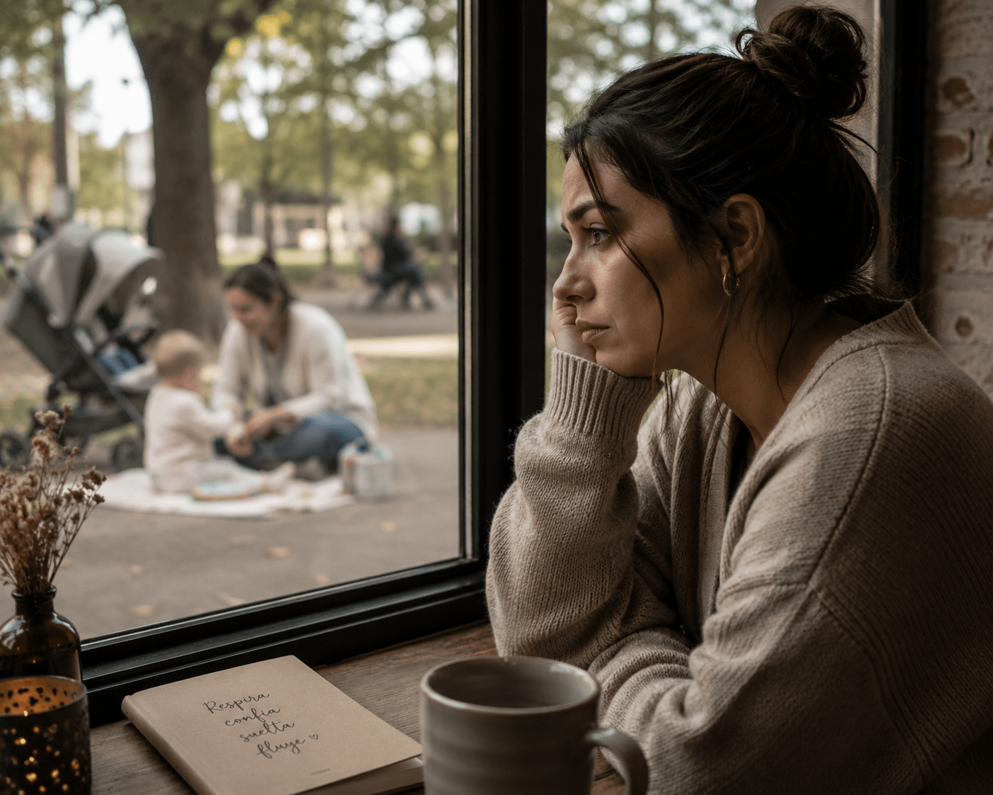 Mujer observando una escena familiar con una madre y un niño desde cierta distancia emocional, reflejando incertidumbre, deseo de maternidad y sensibilidad emocional