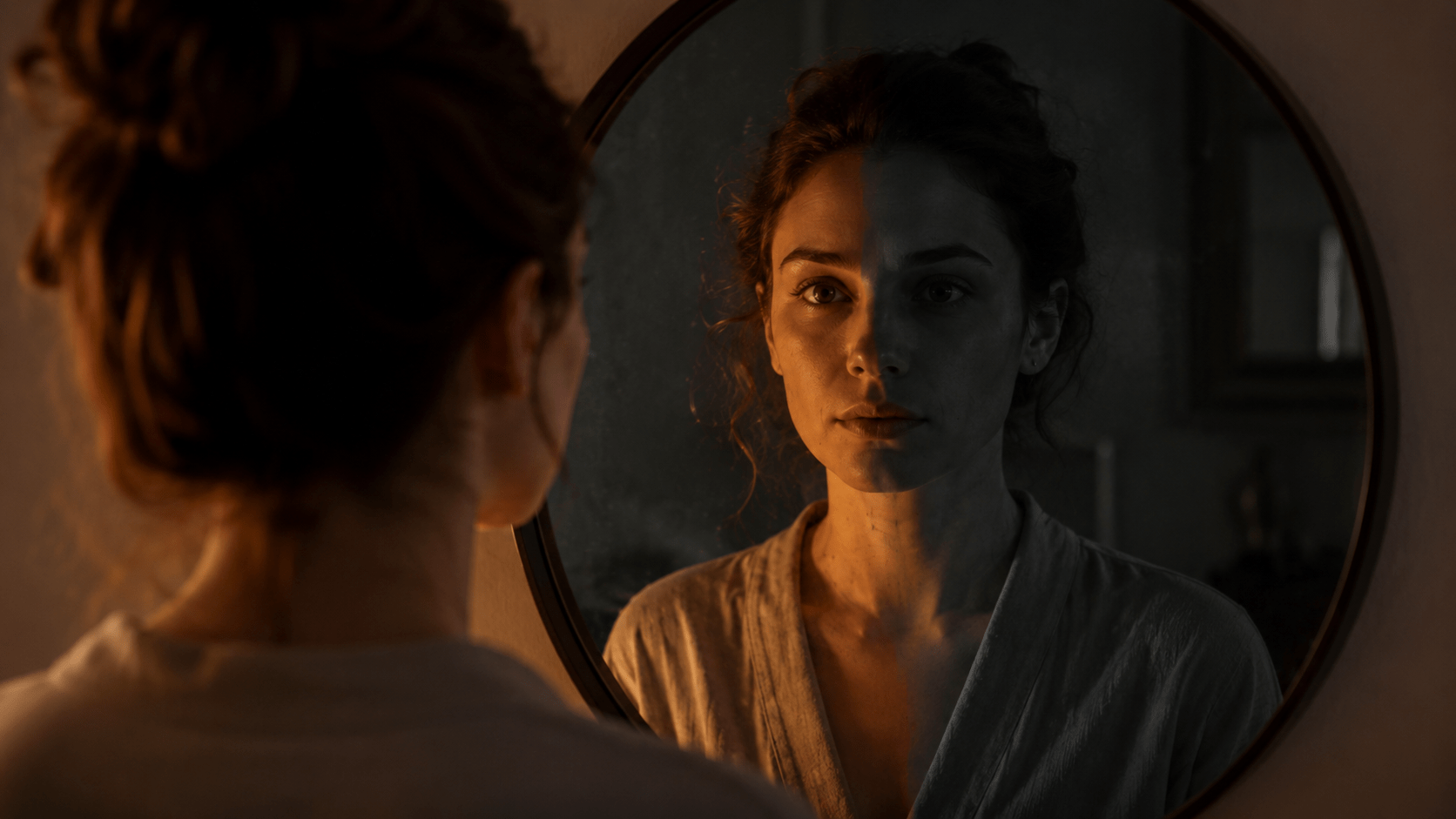 Persona observando sus luces y sombras reflejadas en un espejo, simbolizando la aceptación personal con defectos y virtudes desde una mirada consciente y humana