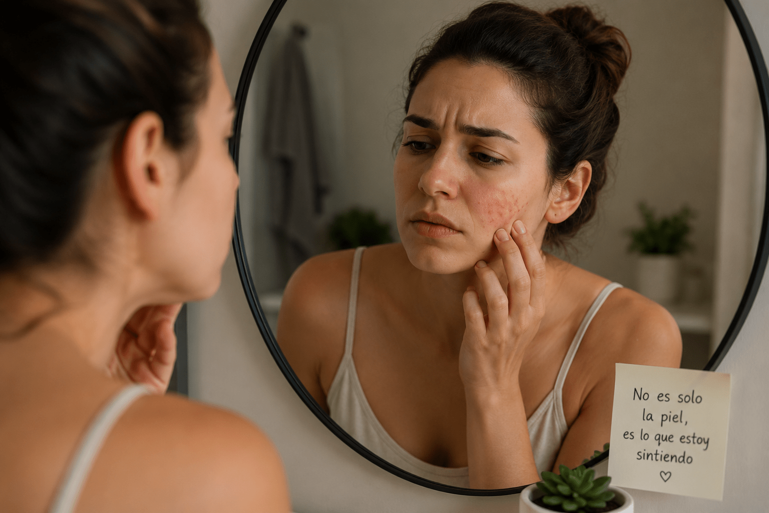 Persona observando una irritación en su piel frente al espejo con expresión reflexiva y emocional, simbolizando la conexión entre estrés, emociones y cuerpo