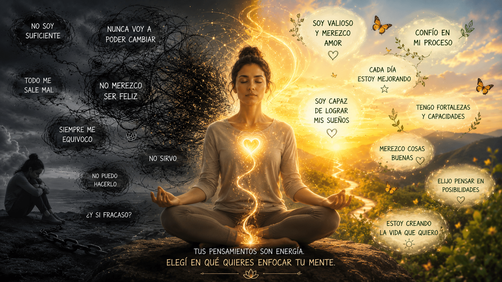 Persona meditando mientras pensamientos oscuros y luminosos cambian alrededor de su cuerpo, simbolizando cómo el diálogo interno influye en la energía emocional y la percepción de la vida