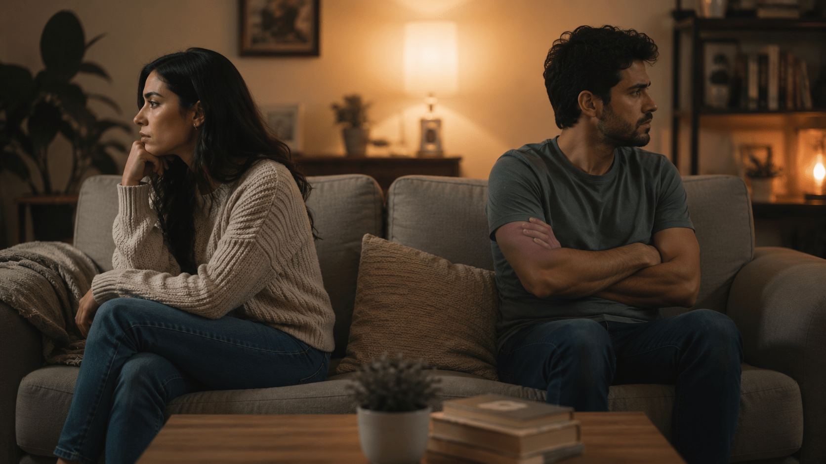 Pareja latinoamericana sentada en silencio y emocionalmente distante en extremos opuestos de un sillón, reflejando el impacto de las emociones no expresadas y las conversaciones pendientes dentro de una relación.