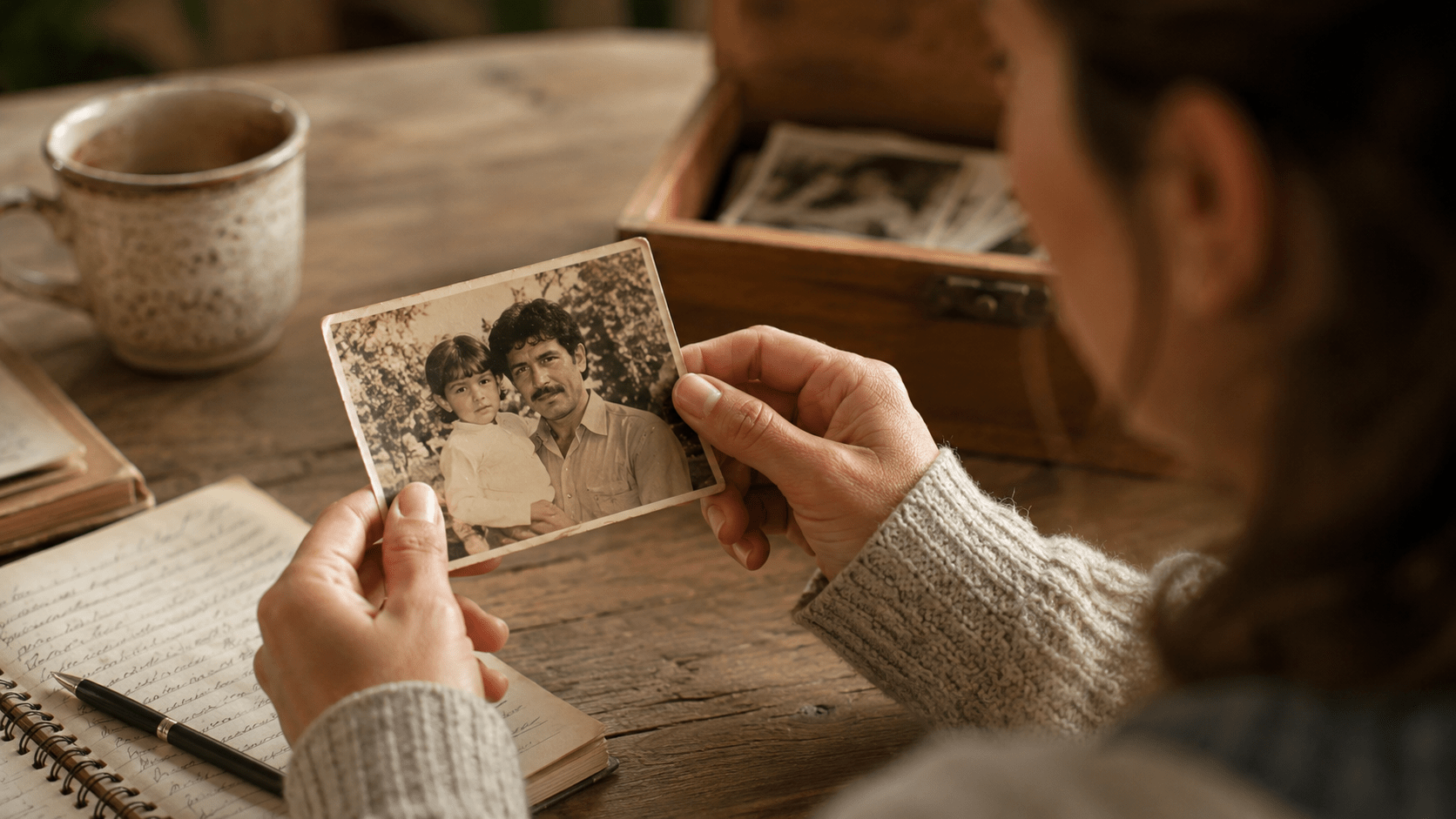 Persona adulta sosteniendo una fotografía familiar antigua mientras reflexiona sobre la relación con su padre y su historia personal.