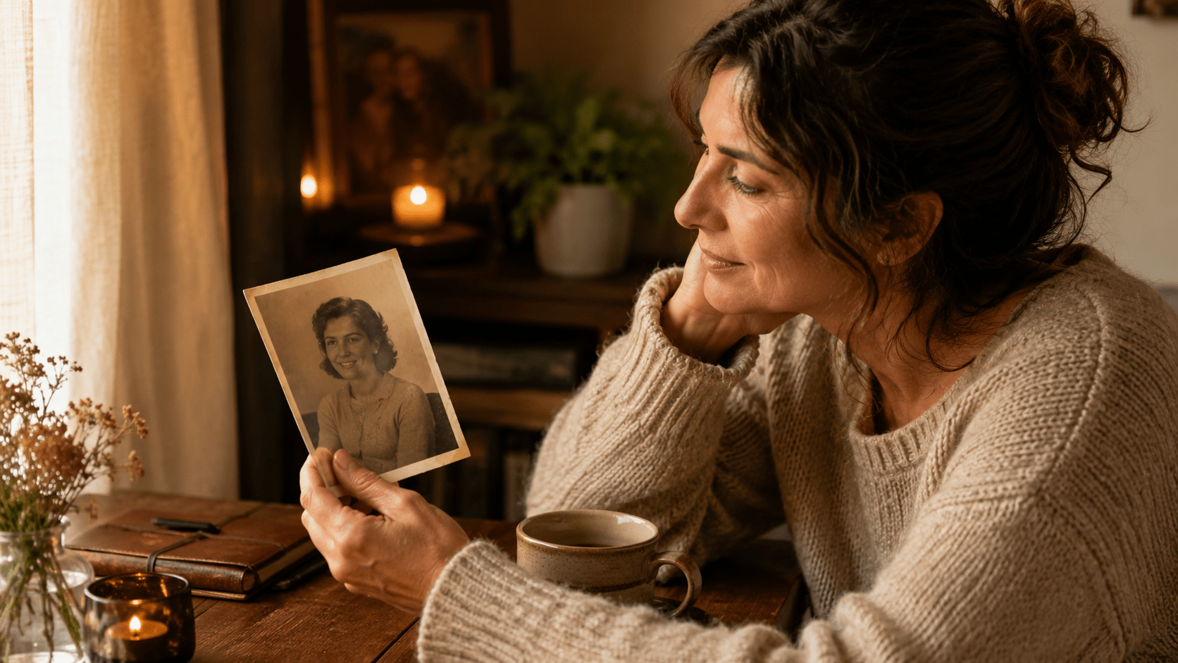 Persona adulta observando una antigua fotografía de su madre en un ambiente cálido e íntimo, reflexionando sobre su historia personal, el vínculo materno y el proceso de reconciliación interior.