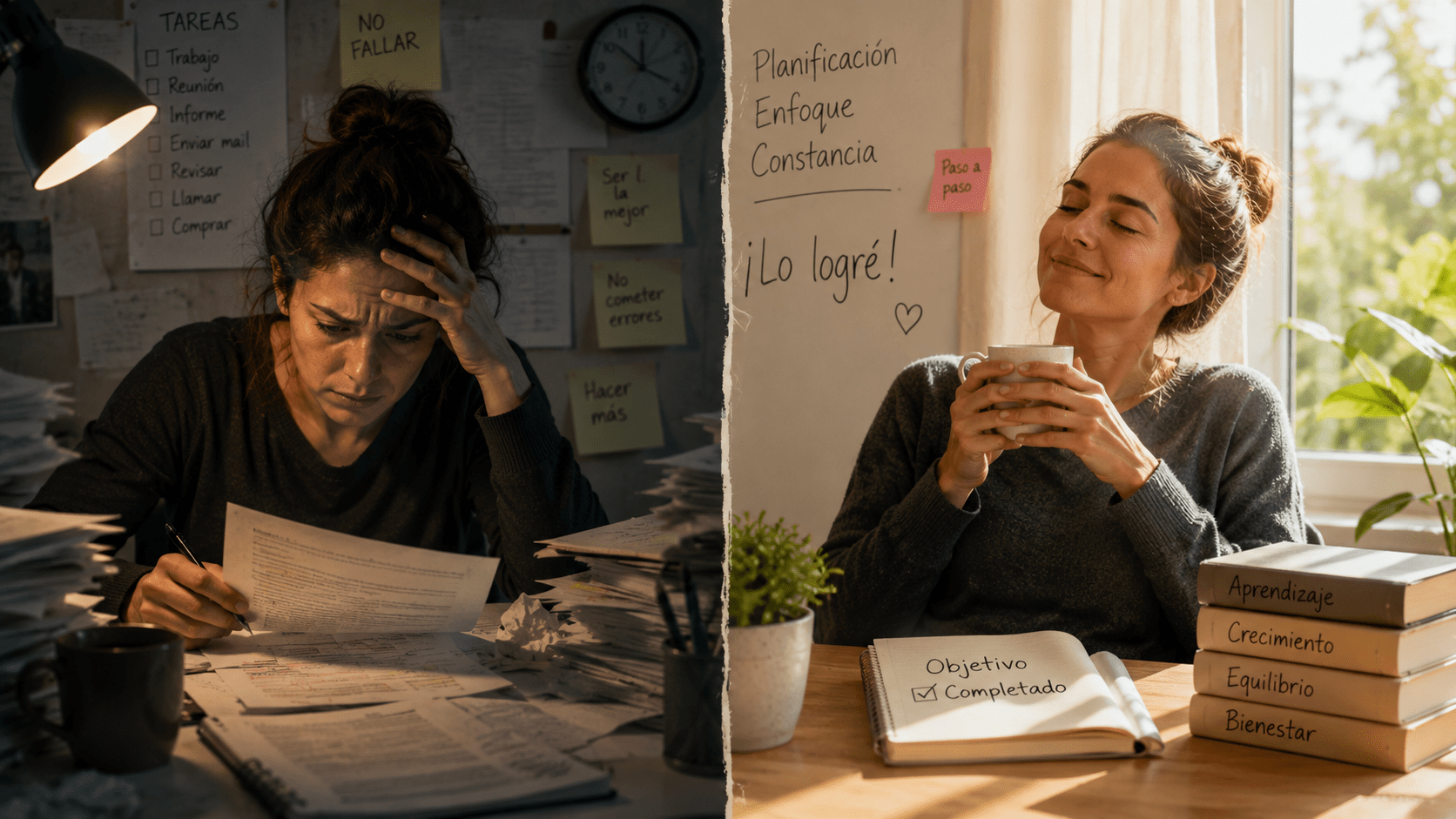 Imagen dividida en dos escenas que representan las dos caras de la autoexigencia: una persona agotada y estresada por la presión constante, y la misma persona experimentando bienestar, equilibrio y satisfacción tras alcanzar sus objetivos.