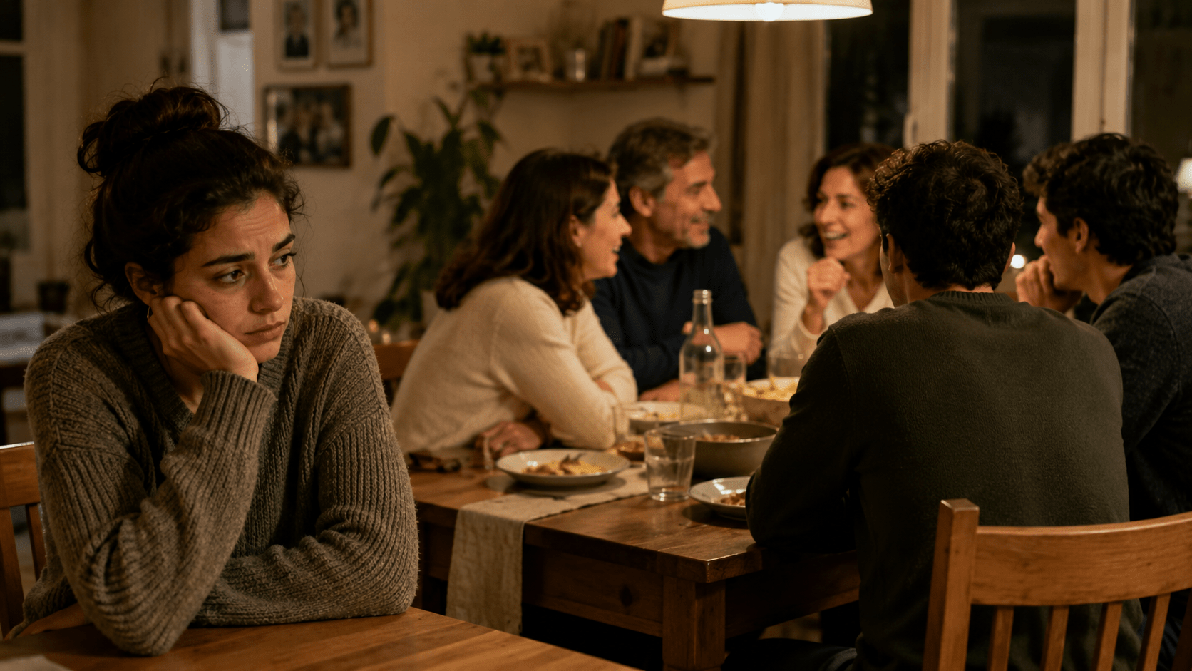 Persona sentada en una reunión familiar sintiéndose emocionalmente aislada mientras los demás conversan entre sí, representando la experiencia de sentirse invisible dentro de los vínculos cercanos.