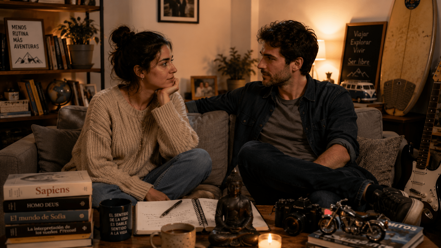 Pareja sentada en un sofá mirándose con afecto y respeto mientras elementos del entorno reflejan valores, intereses y formas distintas de entender la vida, simbolizando las diferencias filosóficas dentro de una relación amorosa.