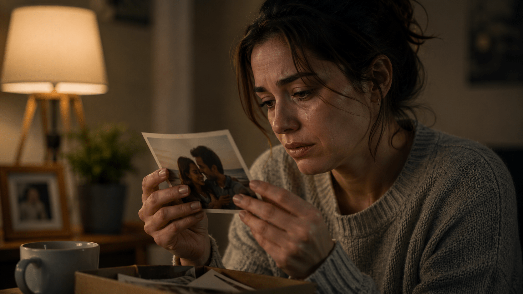 Persona observando una fotografía antigua con lágrimas en los ojos, simbolizando el dolor de despedir expectativas, aceptar pérdidas y atravesar el proceso emocional de reconciliarse con una realidad difícil.