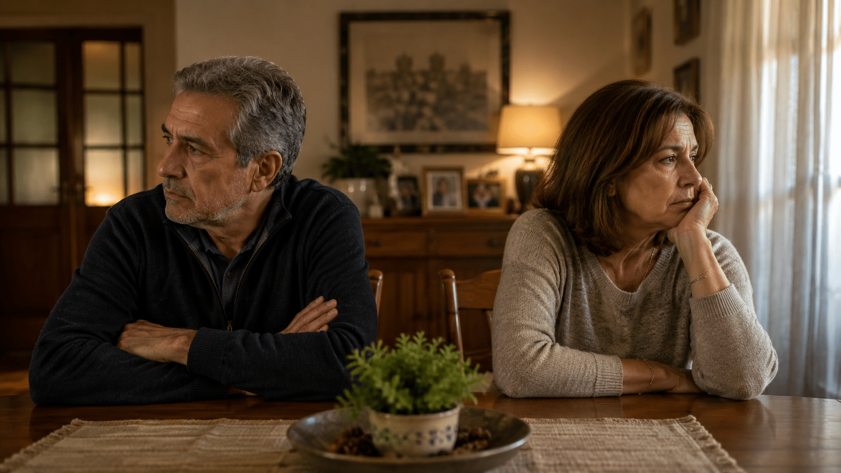 Matrimonio latino de alrededor de 60 años sentado en la misma mesa del comedor, mirando en direcciones opuestas, reflejando distancia emocional acumulada después de décadas de convivencia. La escena transmite desgaste afectivo, silencio vincular y la necesidad de reencontrarse emocionalmente dentro de un hogar cálido y lleno de historia compartida.