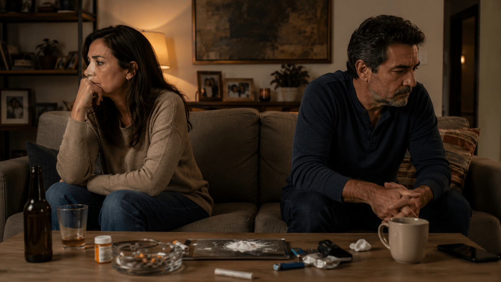 Pareja latinoamericana sentada en un sillón con evidente distancia emocional, mientras señales sutiles de una conducta adictiva aparecen sobre la mesa. La escena refleja el impacto silencioso de la adicción sobre la confianza, la intimidad, la comunicación y la estabilidad emocional de la relación.