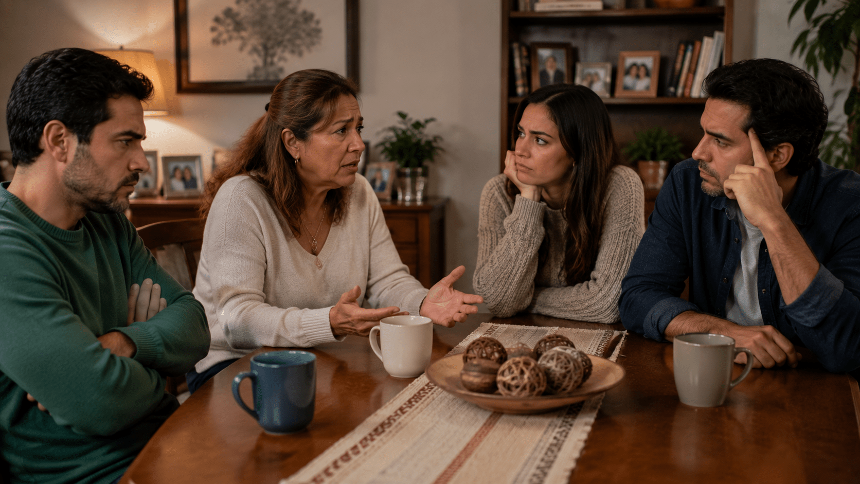 Madre latinoamericana conversando con sus hijos adultos durante una reunión familiar. Las expresiones reflejan tensión emocional, diferencias generacionales y la dificultad de sentirse escuchada. La escena representa el dolor de muchos padres cuando perciben que sus consejos son rechazados o sus decisiones son constantemente cuestionadas.