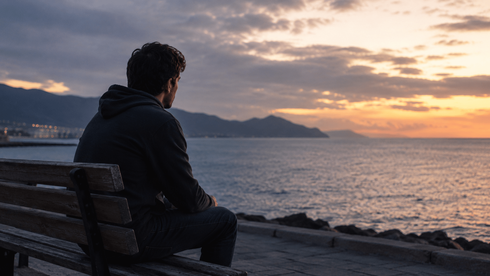 hombre sentado solo frente al mar al atardecer, observando el horizonte con expresión reflexiva y melancólica, representando el duelo por un amor que nunca llegó a concretarse y la nostalgia por las posibilidades perdidas