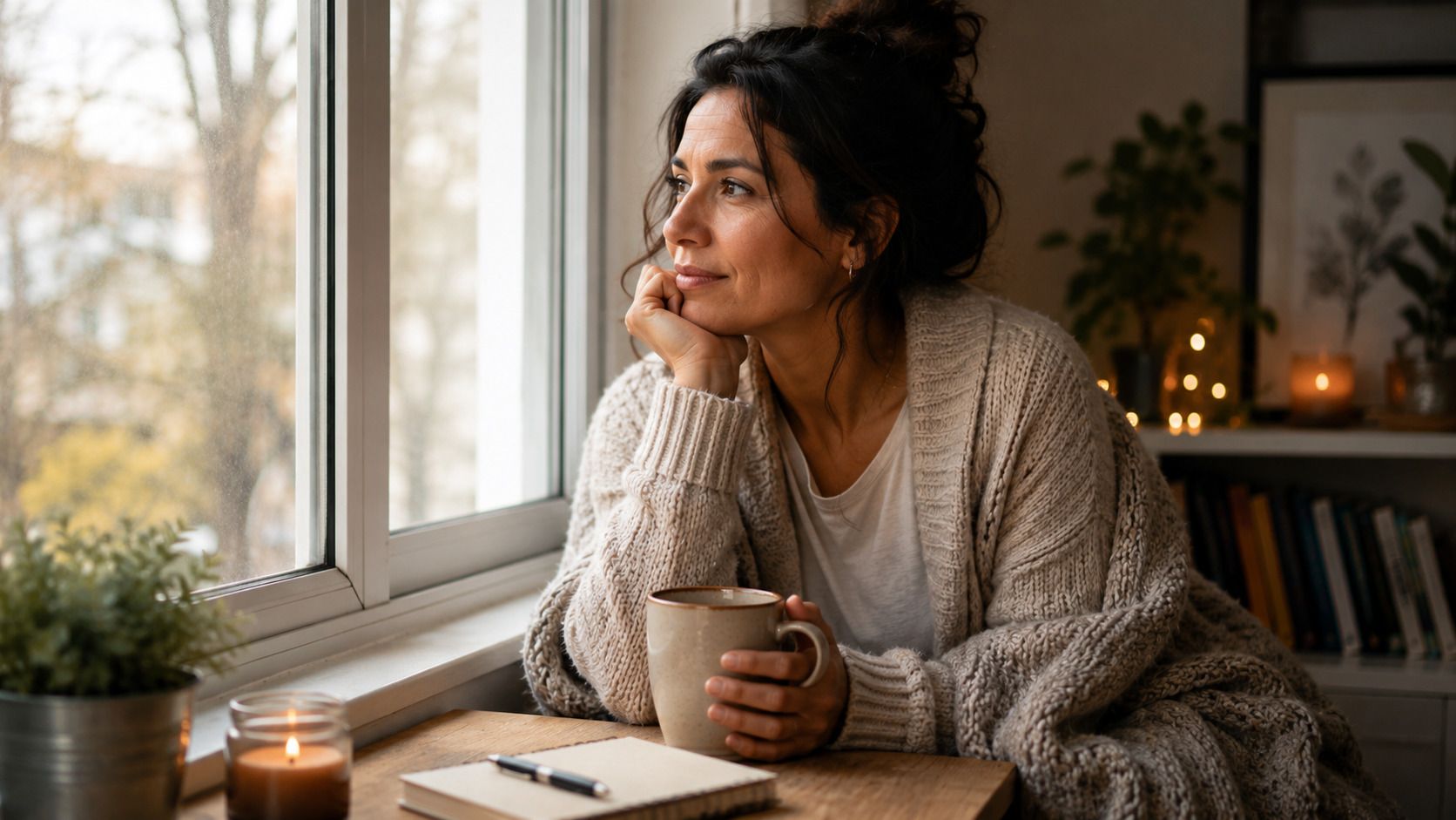 Persona latinoamericana sentada junto a una ventana con una taza, en actitud reflexiva y serena después de haber dado demasiado.