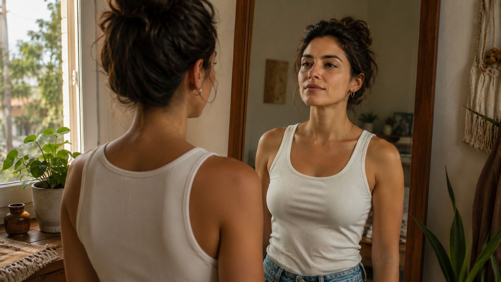 Persona latinoamericana mirándose al espejo con expresión serena y firme, en una habitación cálida con luz natural.