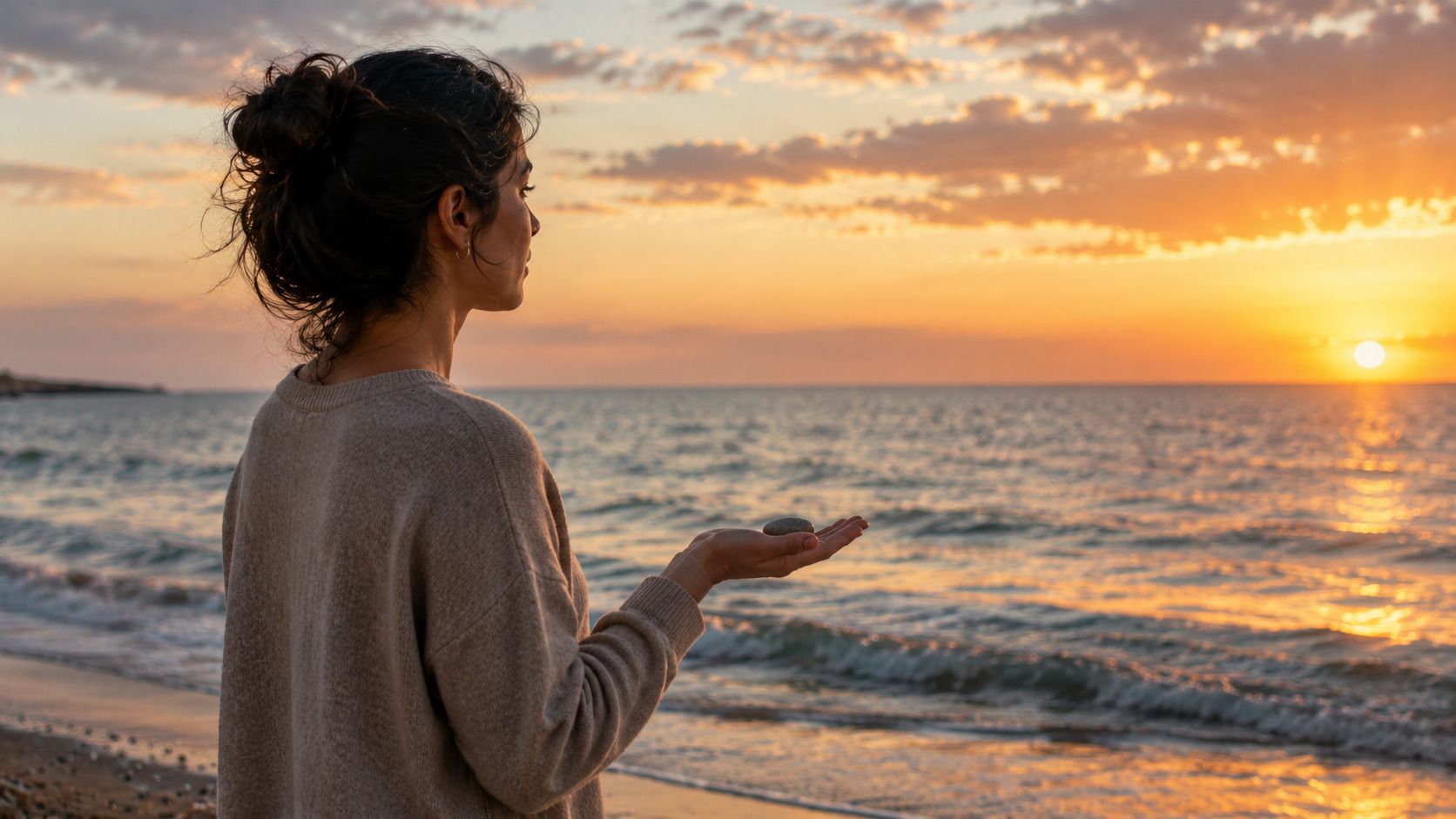 Persona frente al mar al atardecer, sosteniendo una pequeña piedra en la mano abierta, en actitud serena de soltar una carga emocional.